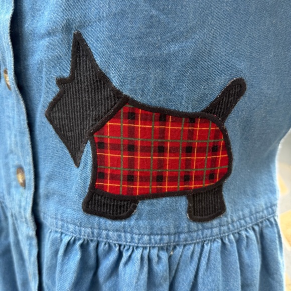 Vintage 90s Denim Maxi Jumper Patio Dress Women S Scottie Dogs Mrs Roper Romp - Picture 8 of 12